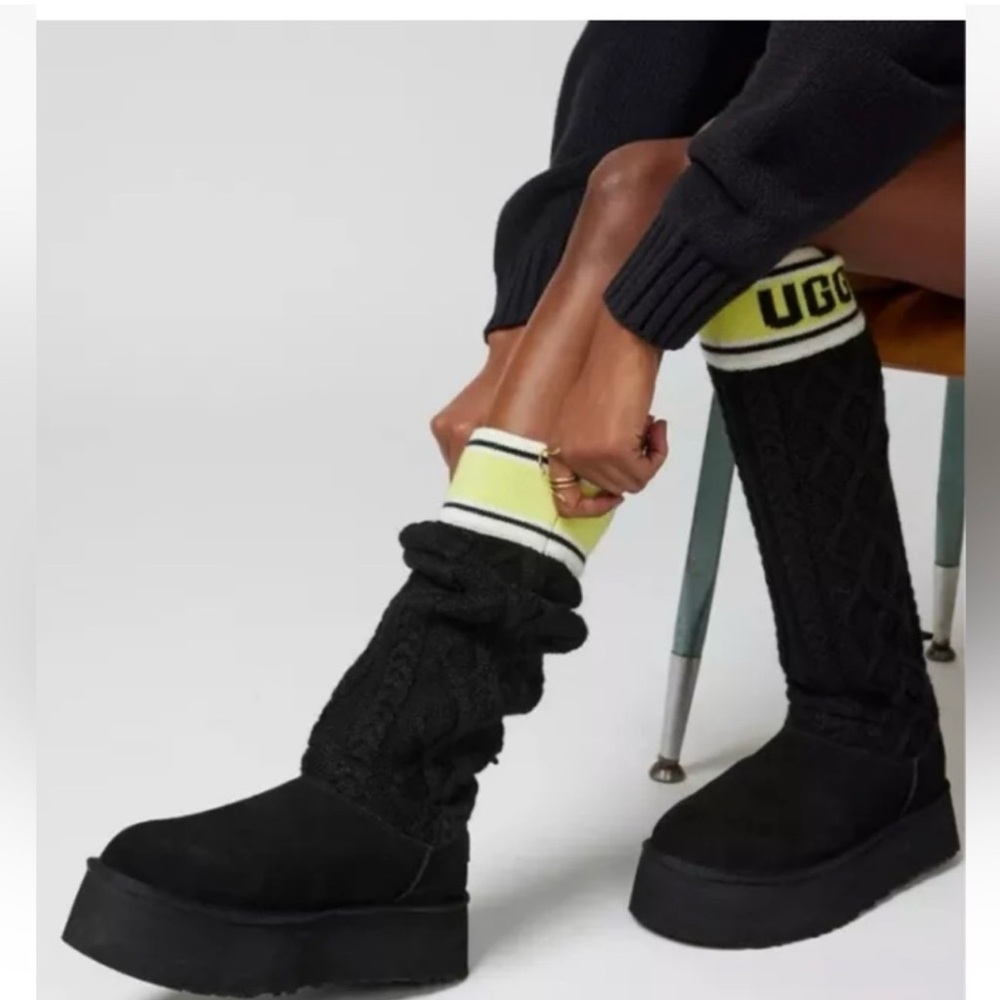 UGG Black Knit Boots with Yellow Accents